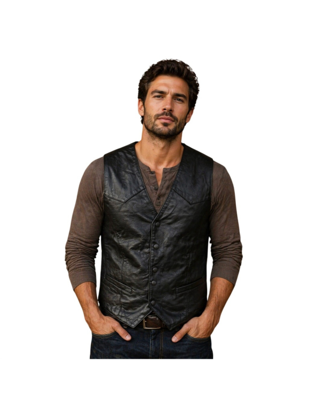 Modal genuine 100% black leather button snap vest moto grunge versatile sz S